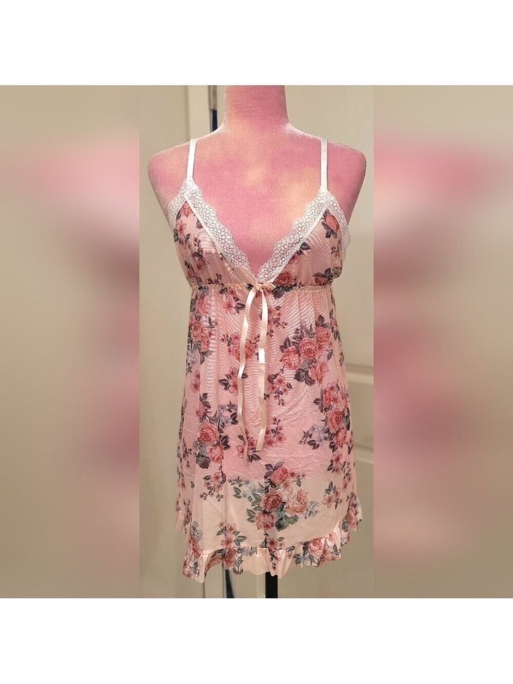 Pink Floral Lace Trim Nightgown Sz Small